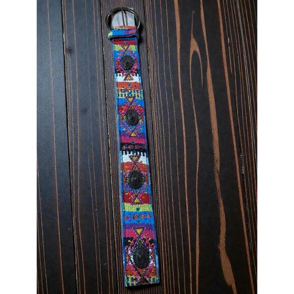Chico’s Leather Woven Boho Belt Large Brass Buckle Colorful Wide 50” L - Picture 2 of 5